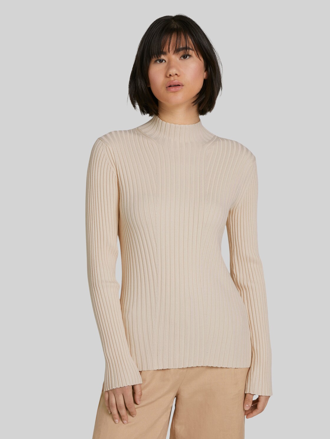 TOM TAILOR Gerippter Rollkragenpullover, Damen, smooth light sand, Größe: XL