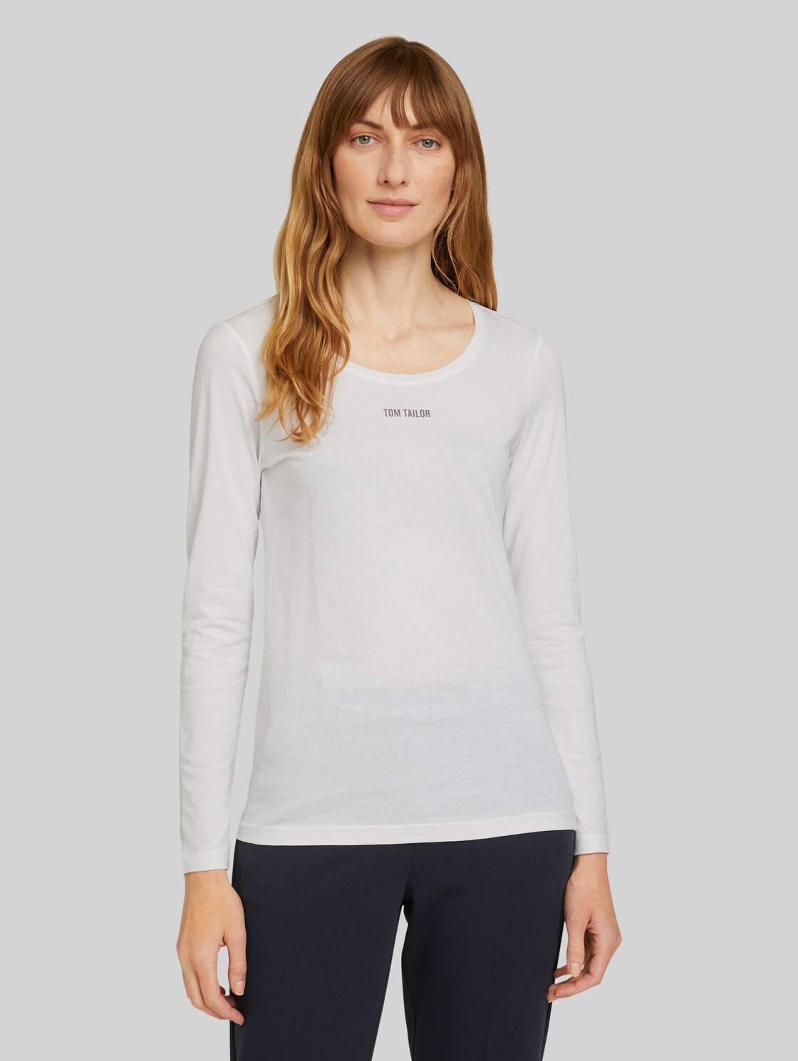 TOM TAILOR Logo Print Langarmshirt mit Bio-Baumwolle, Damen, Whisper White, Größe: XXL
