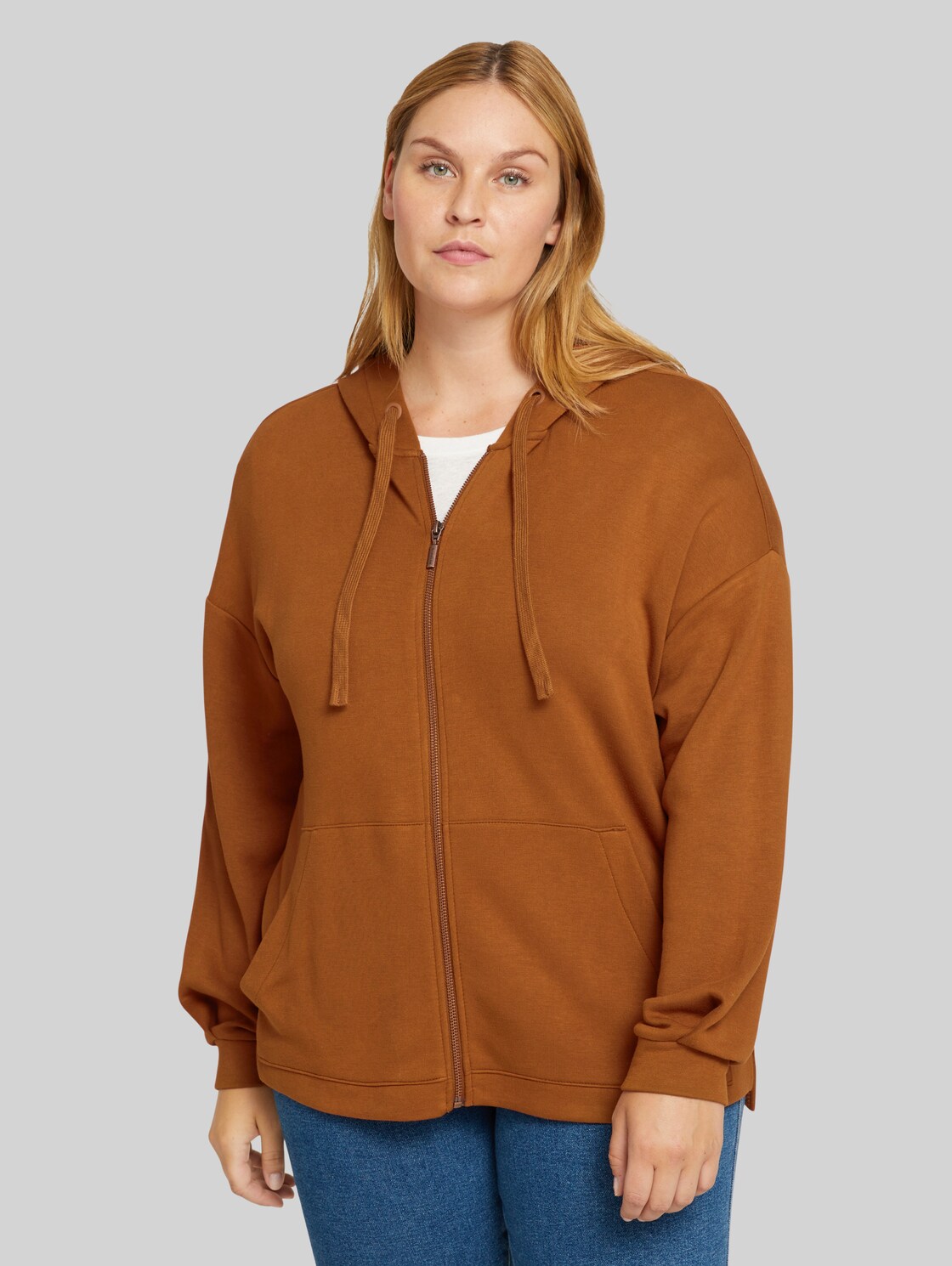 TOM TAILOR Plus - Basic Sweatjacke, Damen, amber brown, Größe: 54