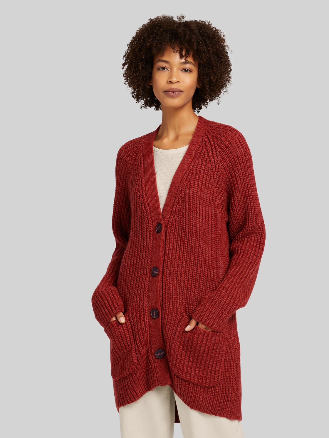 TOM TAILOR Langer Cardigan mit Taschen, Damen, dark maroon red, Größe: M