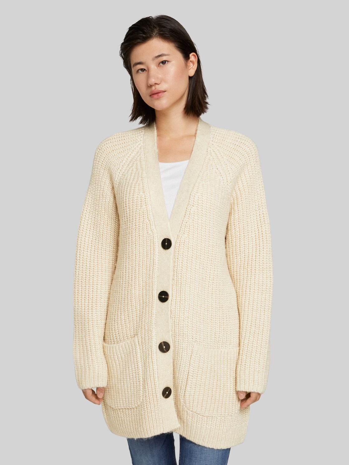 TOM TAILOR Langer Cardigan mit Taschen, Damen, smooth light sand melange, Größe: M