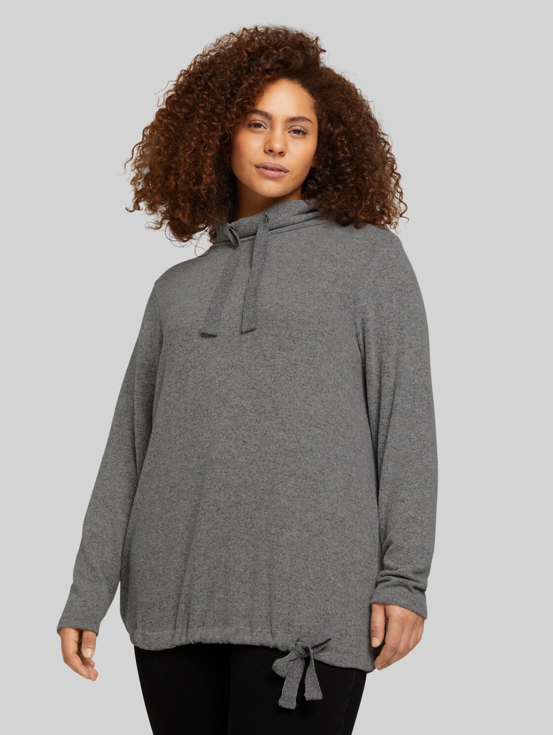 TOM TAILOR Plus - Langarmshirt mit Rollkragen und Kordelzug, Damen, asphalt grey melange, Größe: 54