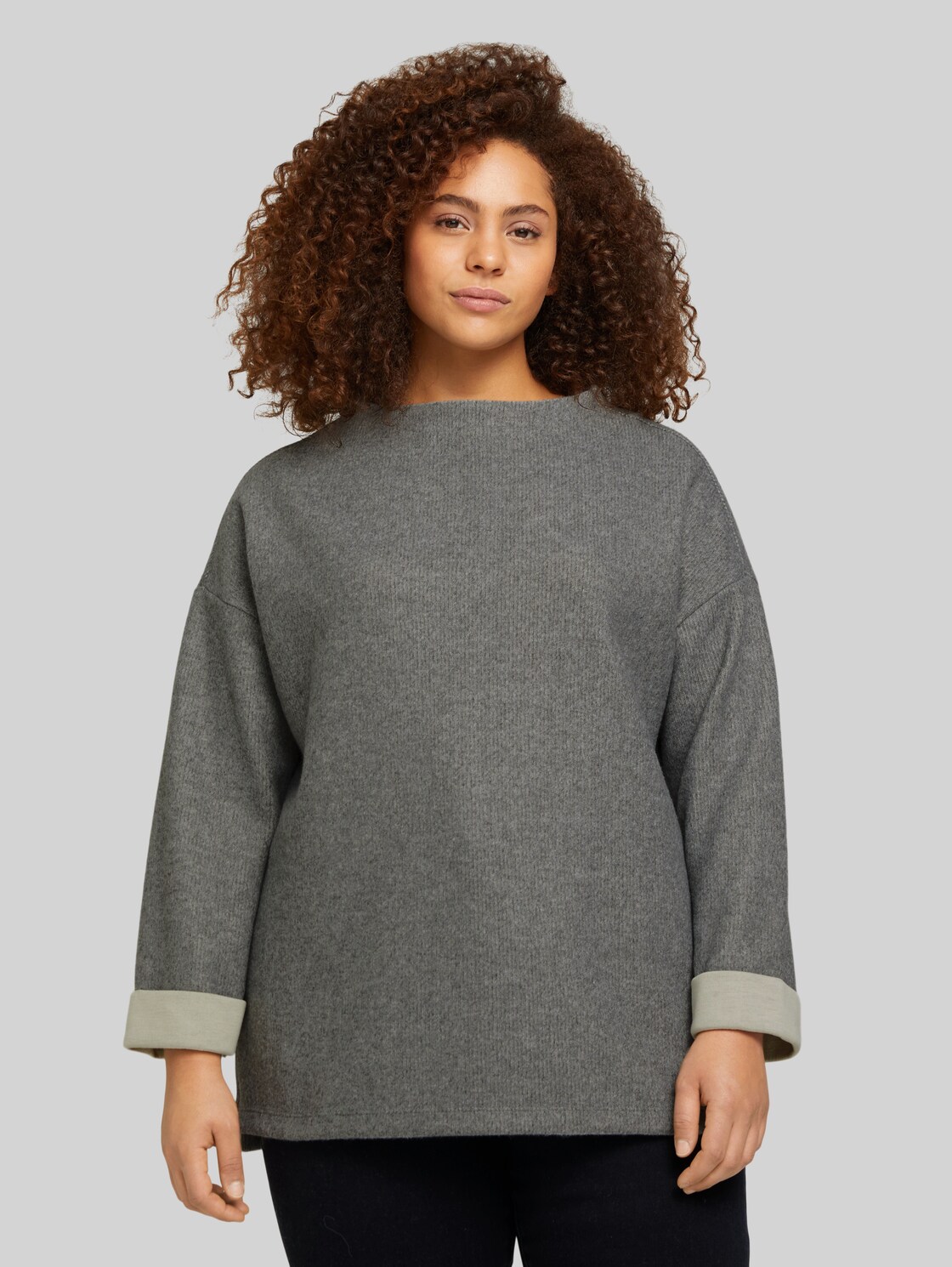 TOM TAILOR Plus - Sweatshirt mit Kragen, Damen, asphalt grey melange, Größe: 46