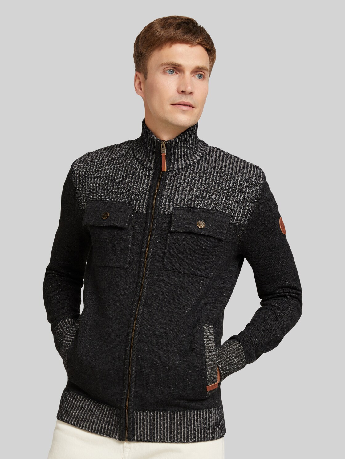 TOM TAILOR Herren Melierte Strickjacke mit Brusttaschen, blau, Gr. XXL,