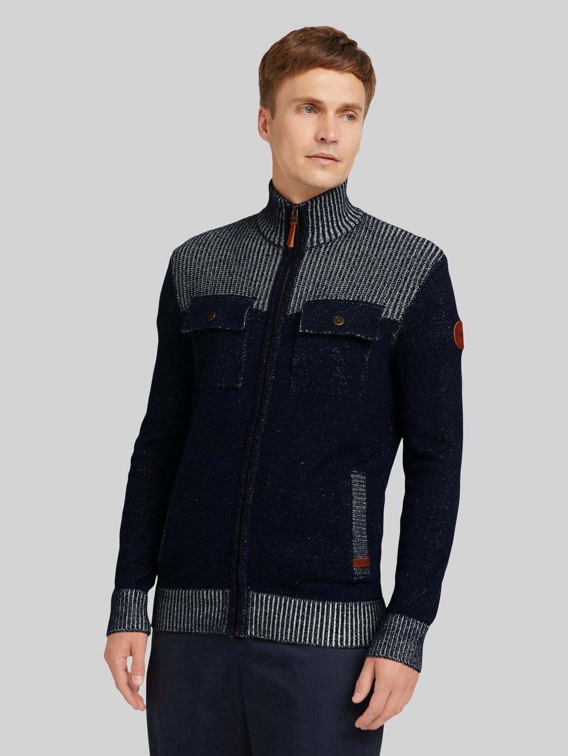 TOM TAILOR Herren Melierte Strickjacke mit Brusttaschen, blau, Gr. XL,