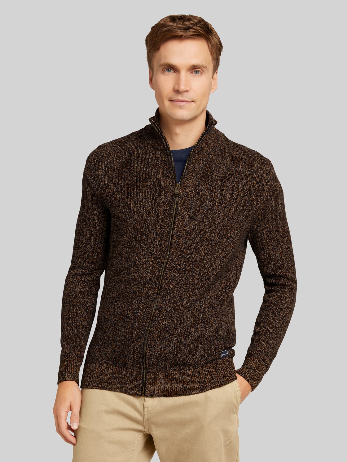 TOM TAILOR Herren Melierte Strickjacke mit Stehkragen, braun, Gr. XL, baumwolle
