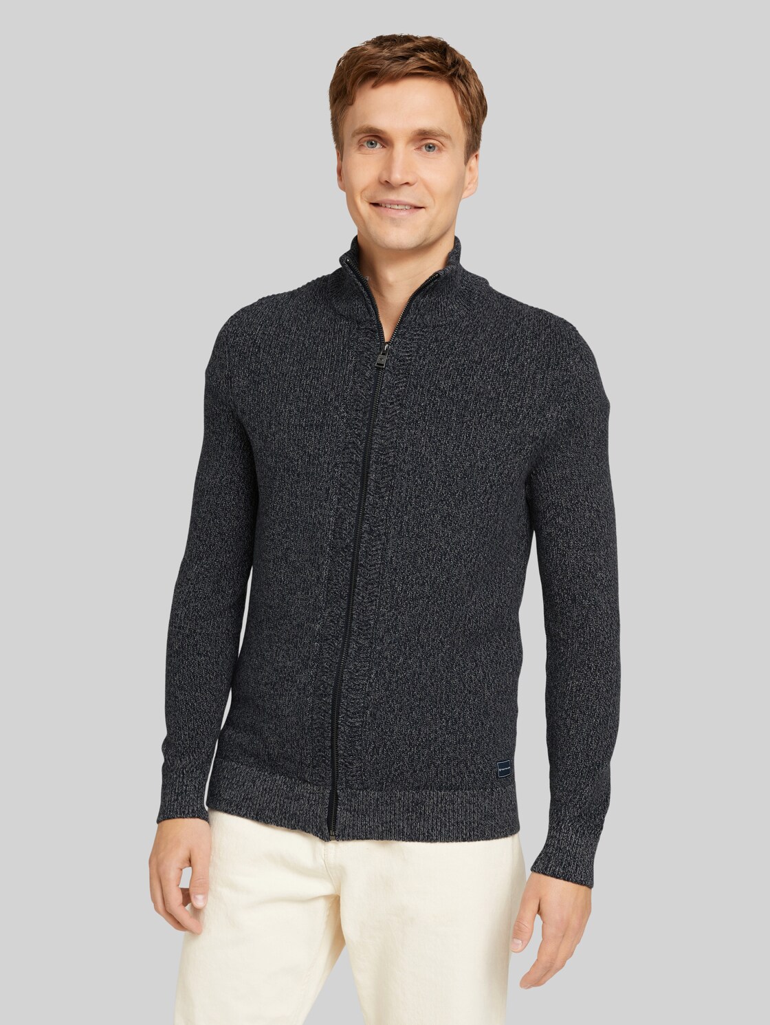 TOM TAILOR Herren Melierte Strickjacke mit Stehkragen, grau, Melange Optik, Gr. M, baumwolle