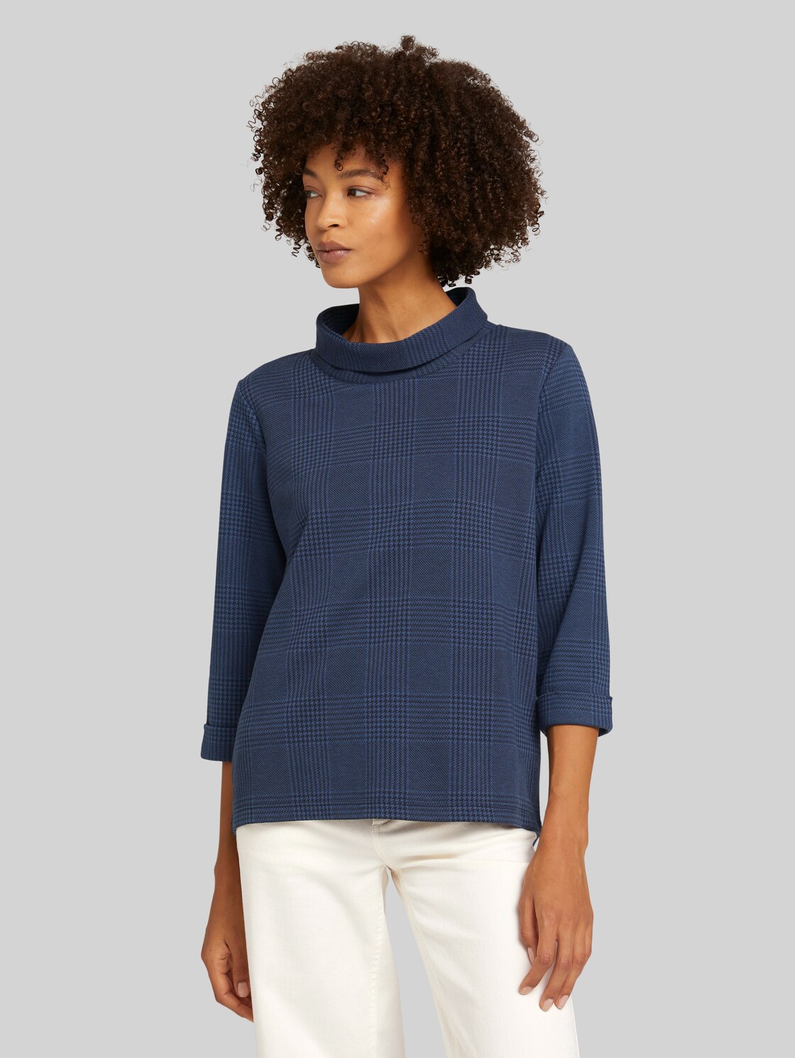 TOM TAILOR Kariertes Sweatshirt mit Rollkragen, Damen, navy blue check, Größe: XXL