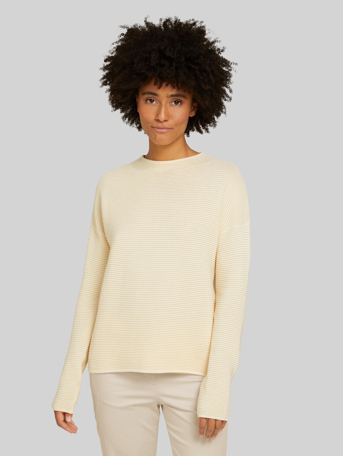 TOM TAILOR Ottoman Pullover mit Stehkragen, Damen, soft creme beige, Größe: XL