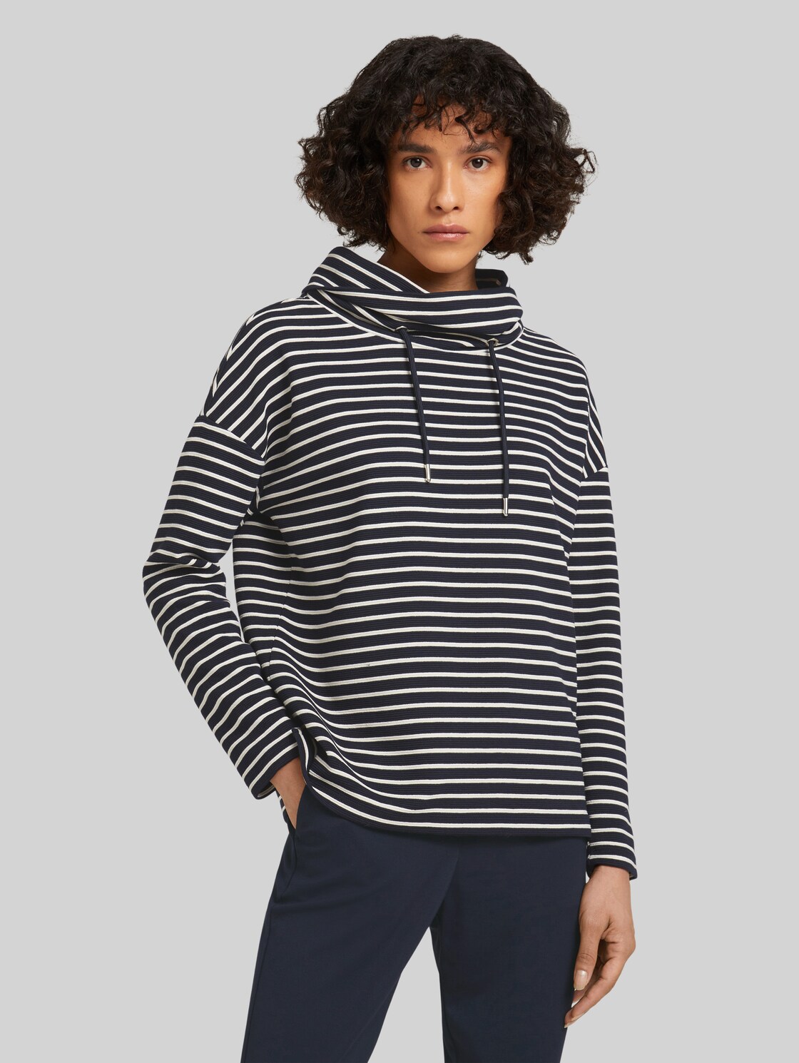 TOM TAILOR Strukturiertes Sweatshirt mit Rollkragen, Damen, navy ottoman stripe, Größe: M