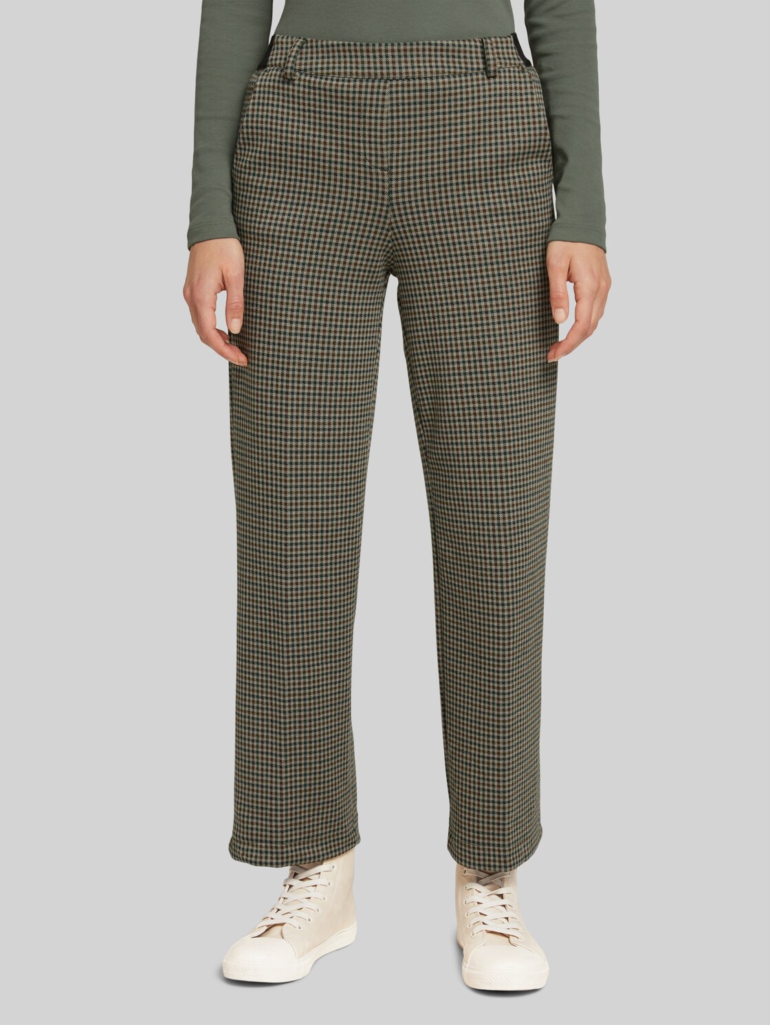 TOM TAILOR Mia Straight Hose mit Karomuster, Damen, beige green small check, Größe: 44/28