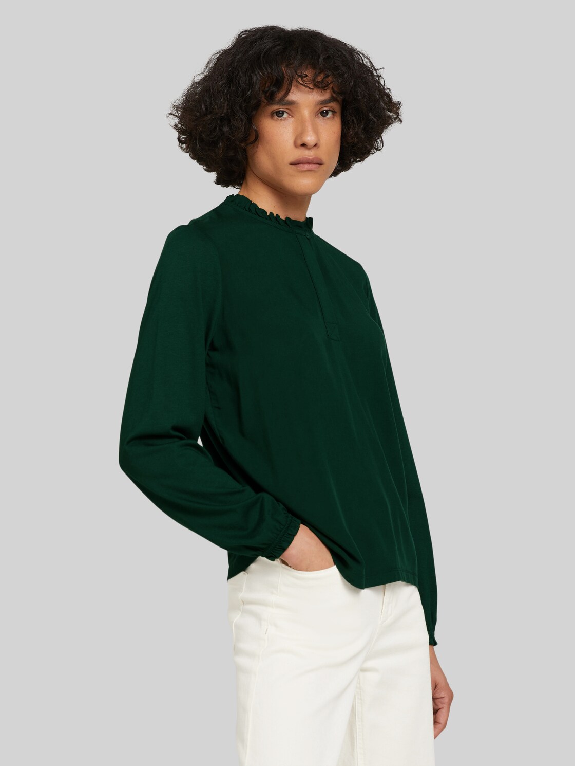 TOM TAILOR Langarmshirt mit Rüschendetails, Damen, dark pine green, Größe: M