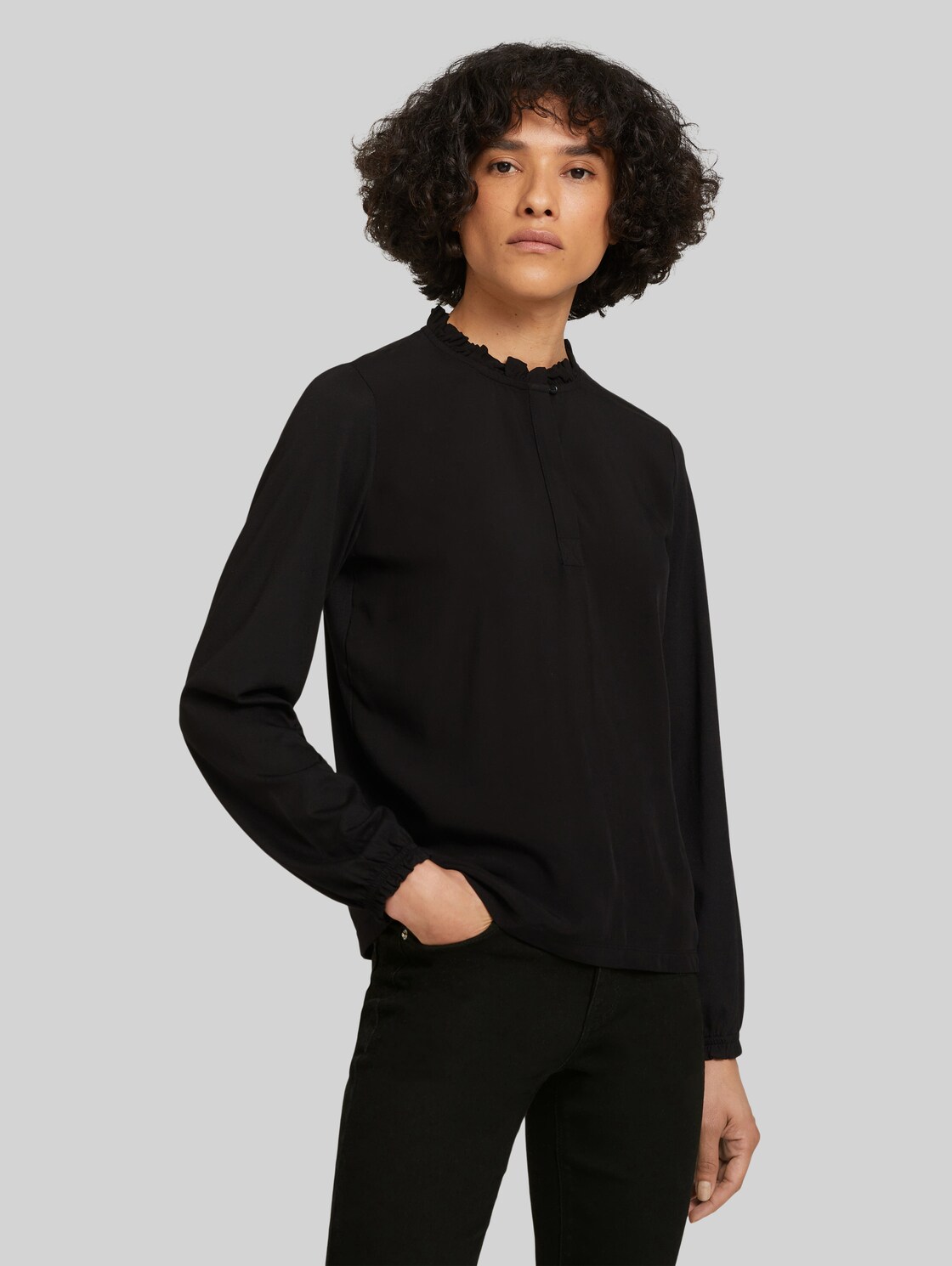 TOM TAILOR Langarmshirt mit Rüschendetails, Damen, deep black, Größe: M