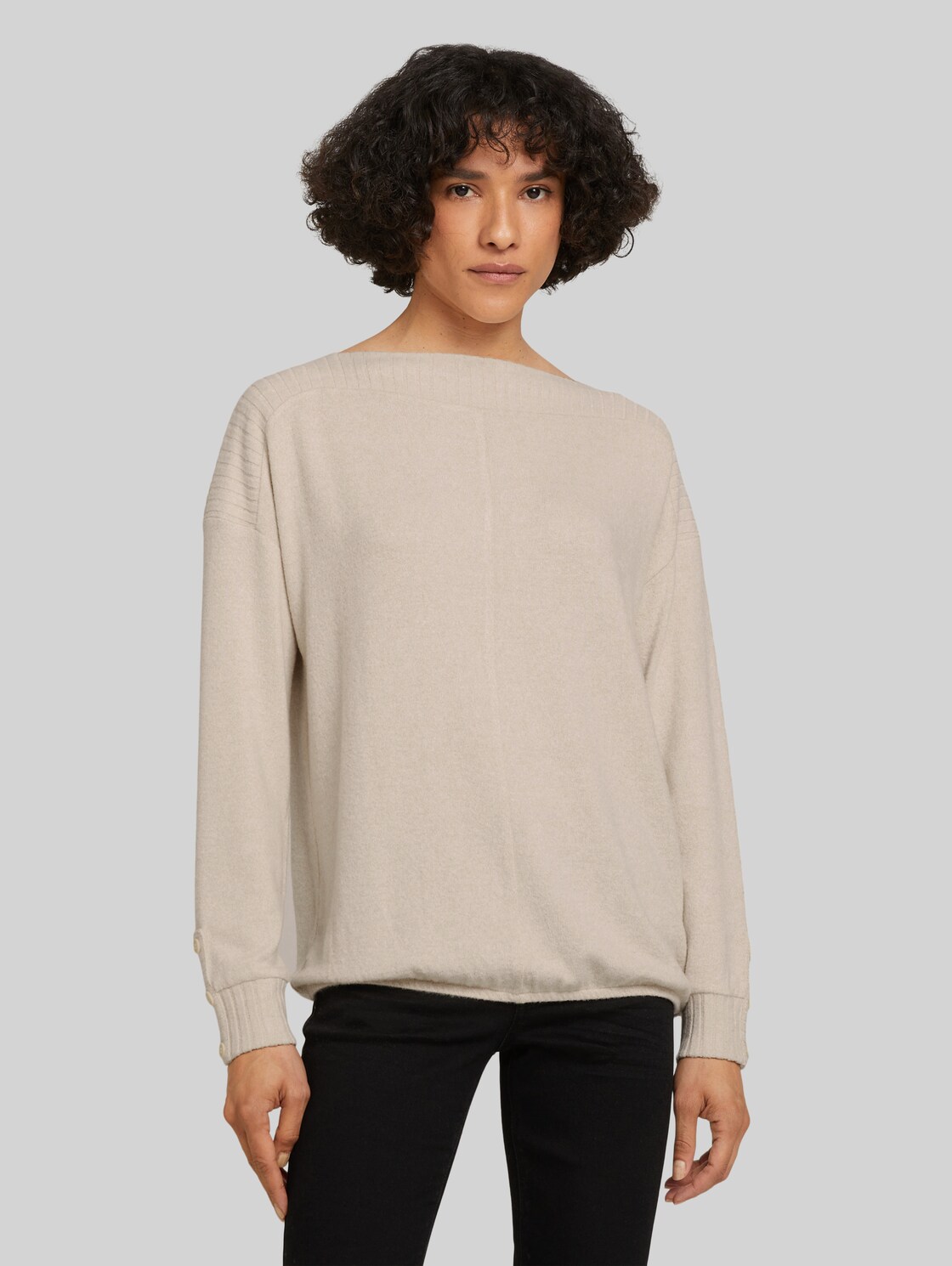 TOM TAILOR Meliertes Shirt mit U-Boot Ausschnitt, Damen, cold beige melange, Größe: XL