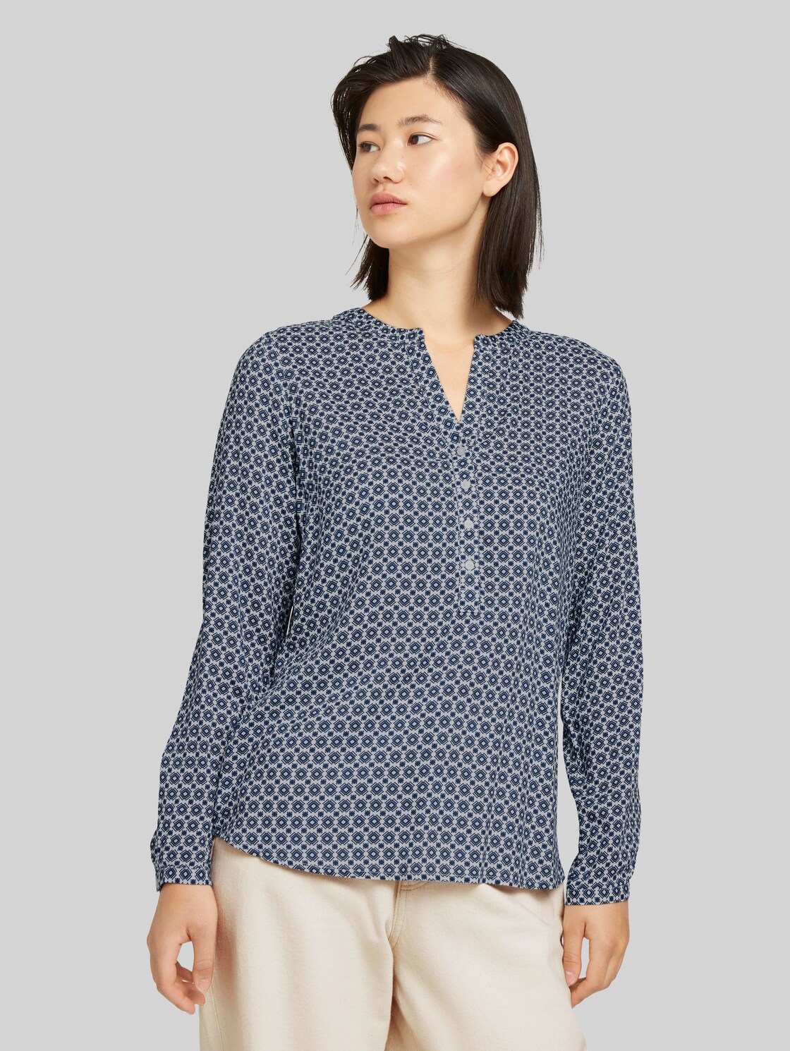 TOM TAILOR Gemusterte Bluse mit TENCEL(TM) Modal, Damen, blue geometrical design, Größe: 36