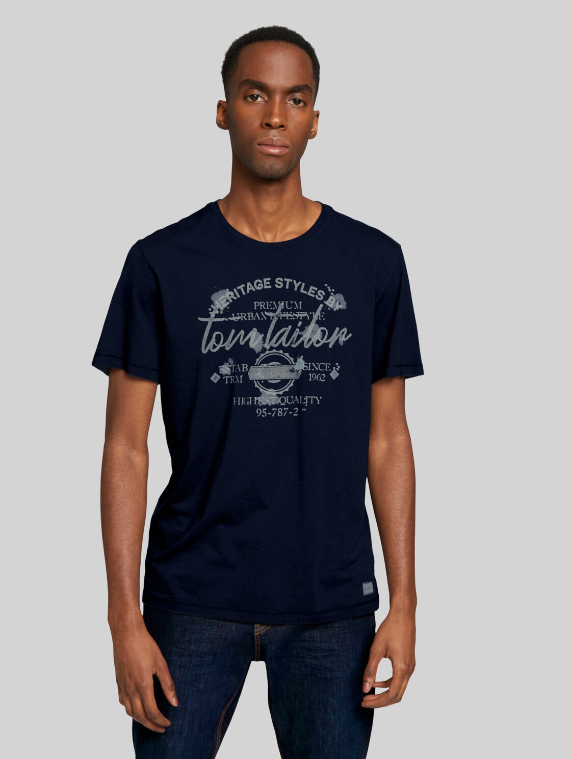 TOM TAILOR Herren Print T-Shirt im Used Look, blau, Gr. M,