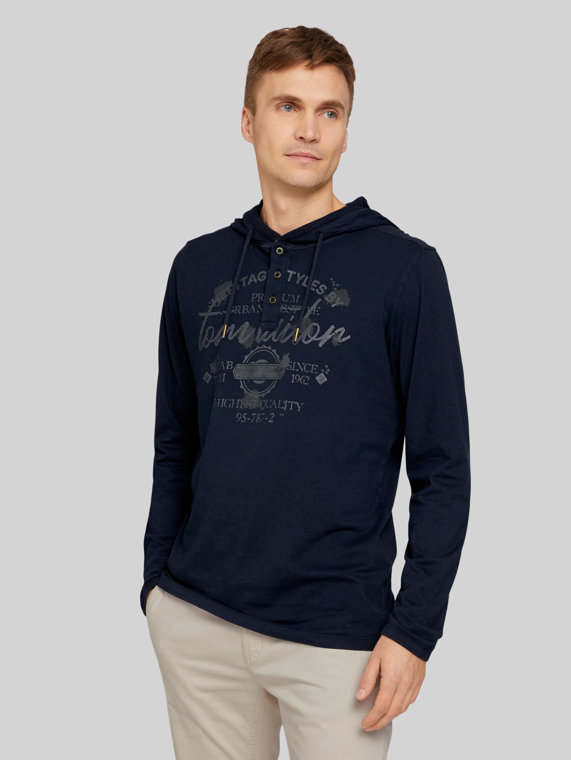 TOM TAILOR Herren Print Hoodie im Used Look, blau, Print, Gr. XL,