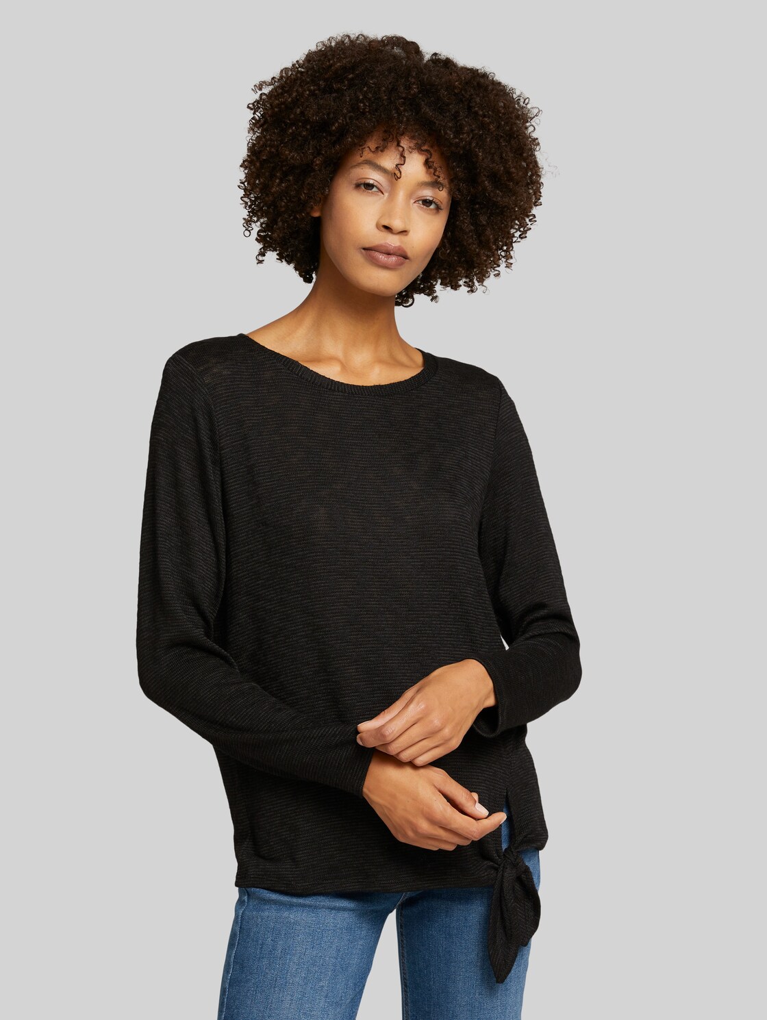 TOM TAILOR Meliertes Langarmshirt mit Knotendetail, Damen, deep black, Größe: XS