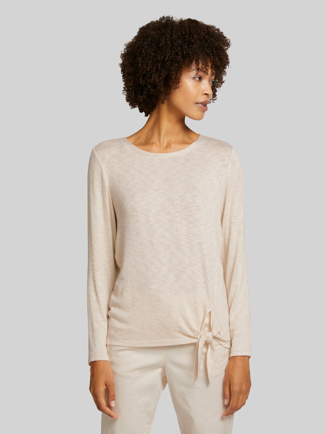 TOM TAILOR Meliertes Langarmshirt mit Knotendetail, Damen, smooth light sand melange, Größe: XXL