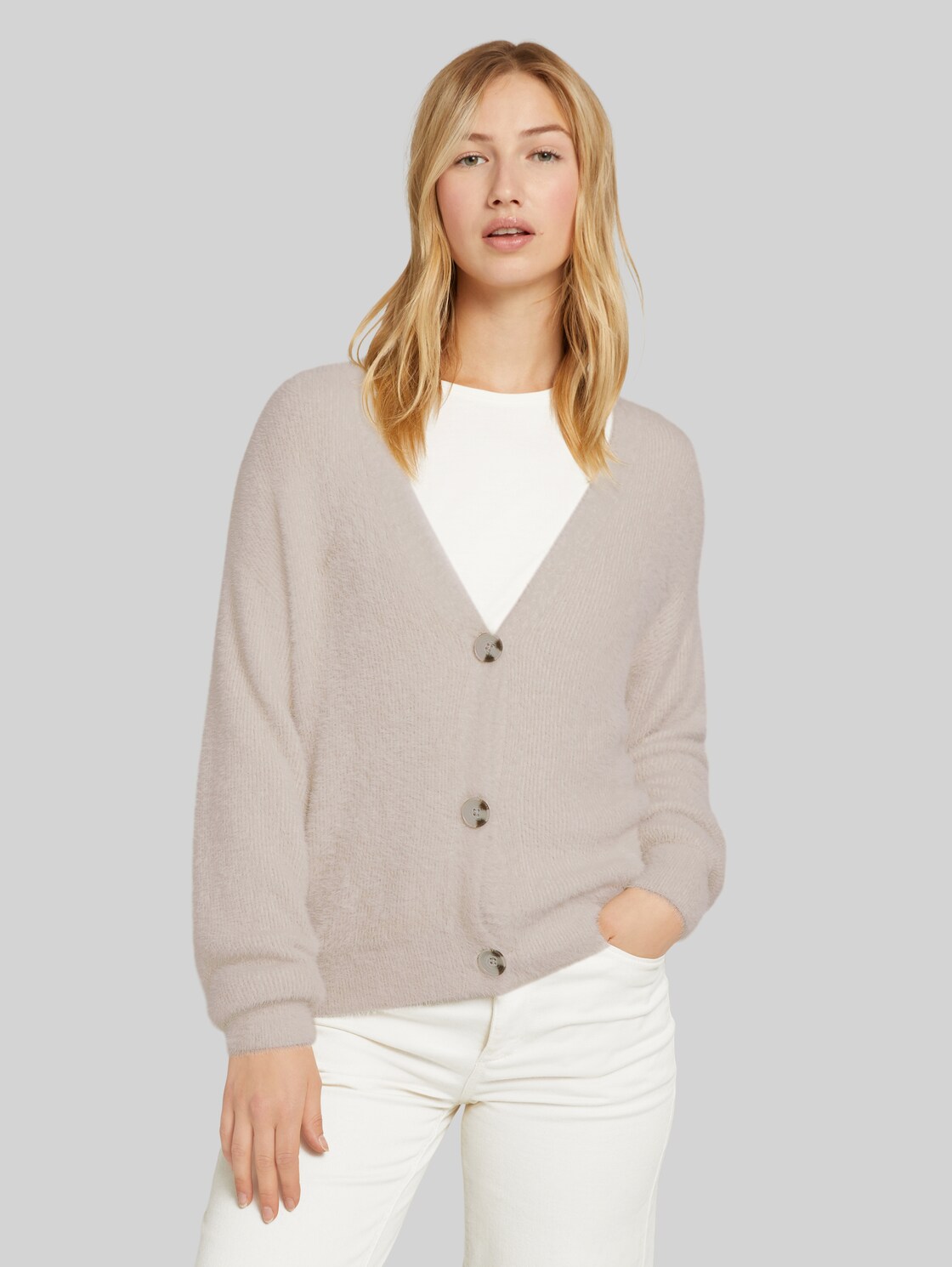 TOM TAILOR DENIM Damen Grob gestrickter Cardigan, beige, Gr. L, polyamid