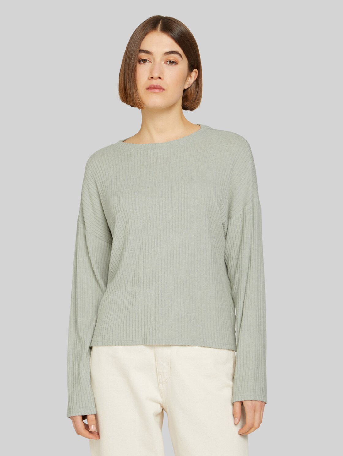 TOM TAILOR DENIM Damen Geripptes Langarmshirt, grün, Gr. XL, viskose
