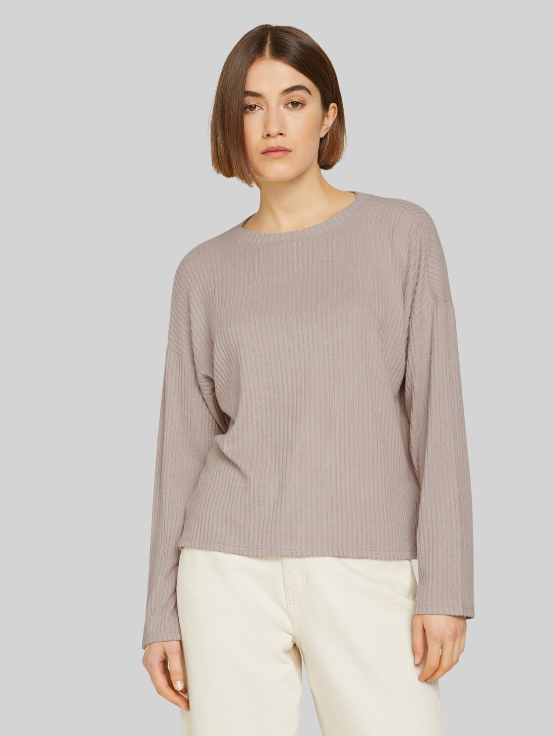 TOM TAILOR DENIM Damen Geripptes Langarmshirt, beige, Gr. XL, viskose