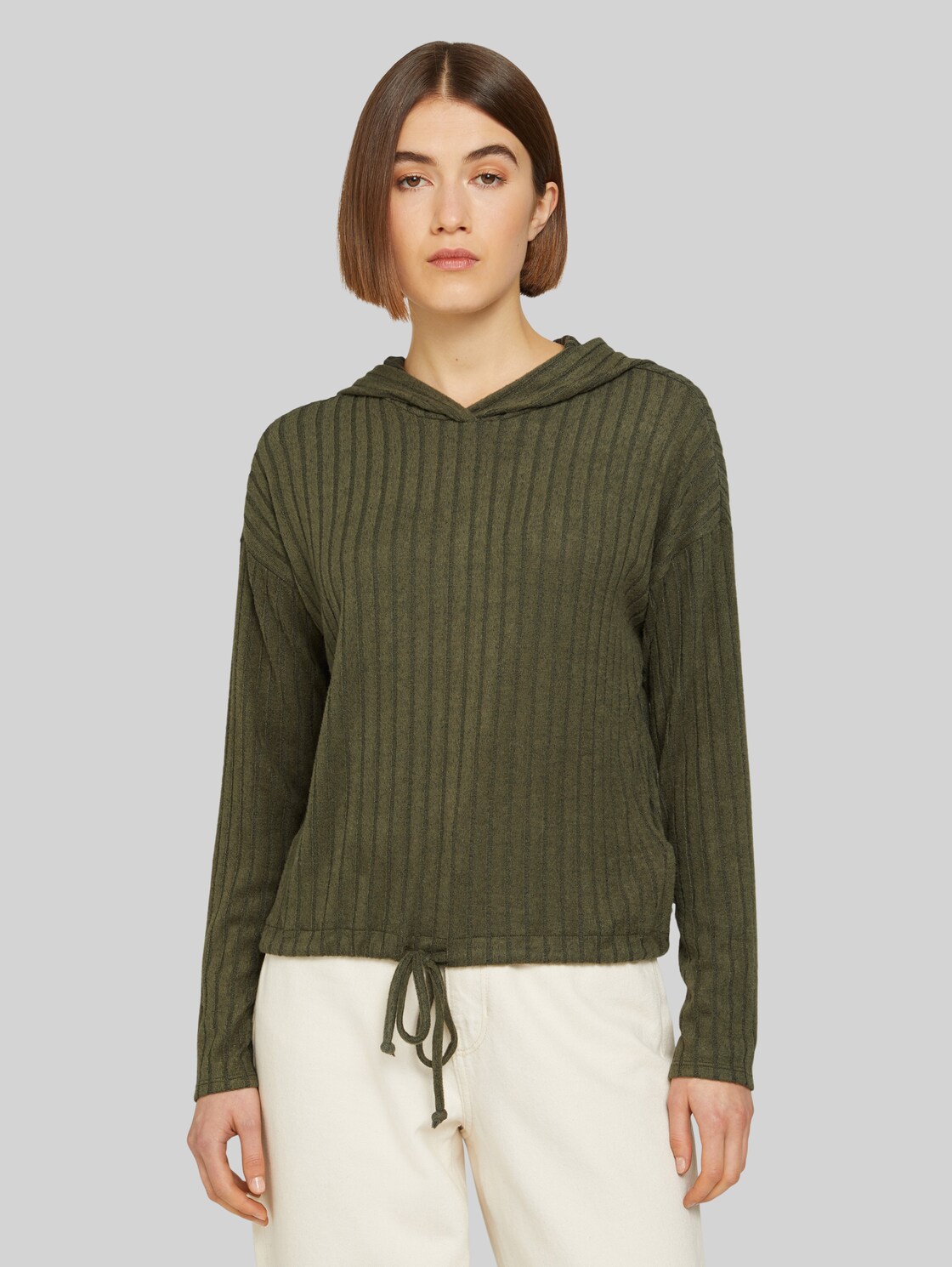 TOM TAILOR DENIM Damen Gerippter Crooped Hoodie, grün, Gr. XL, viskose