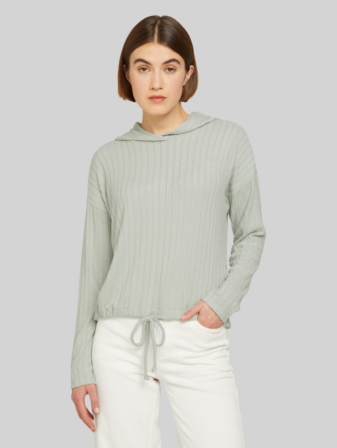 TOM TAILOR DENIM Damen Gerippter Crooped Hoodie, grün, Gr. L, viskose