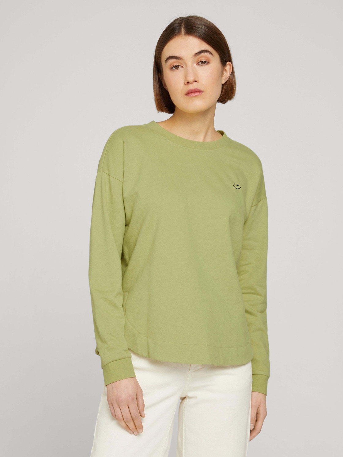 TOM TAILOR DENIM Pullover mit Logo Stickerei aus weicher Baumwolle, Damen, grün, Größe XL