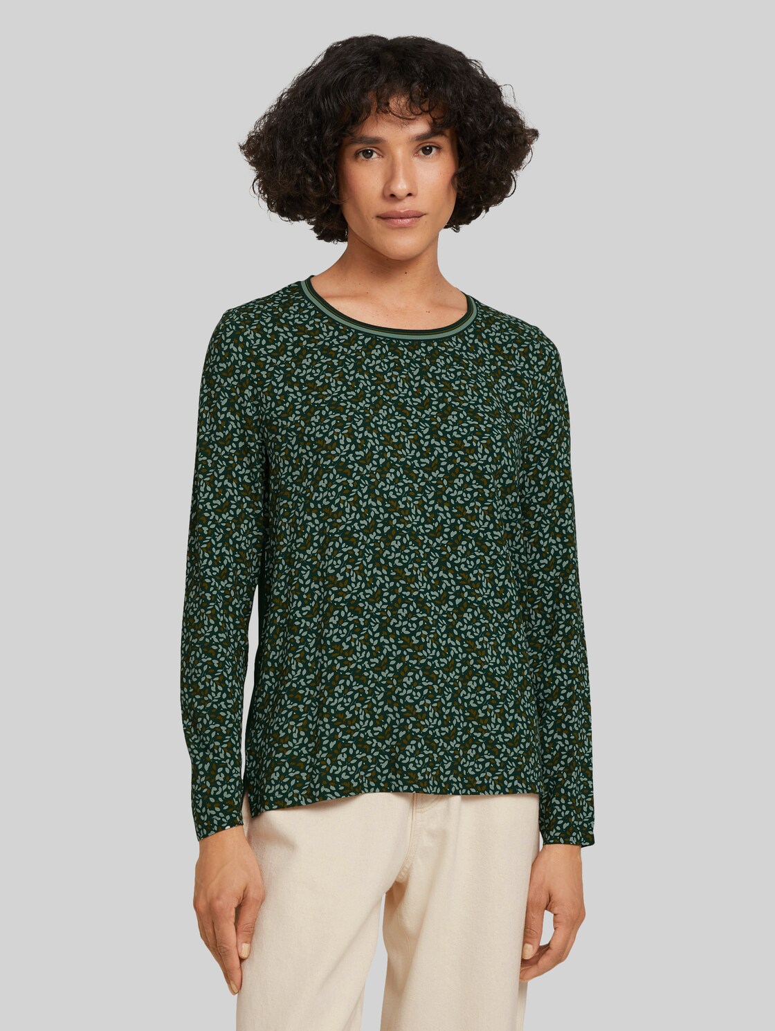 TOM TAILOR Langarmshirt im Materialmix, Damen, green floral design, Größe: XL