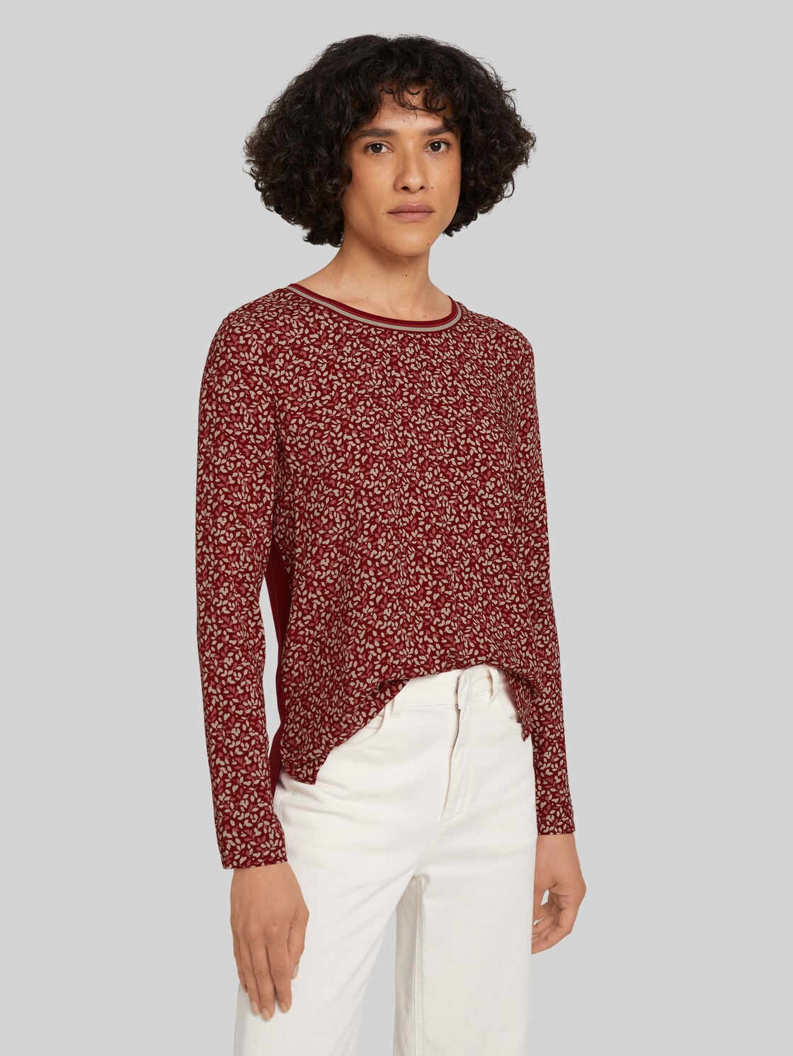 TOM TAILOR Langarmshirt im Materialmix, Damen, red floral design, Größe: XL