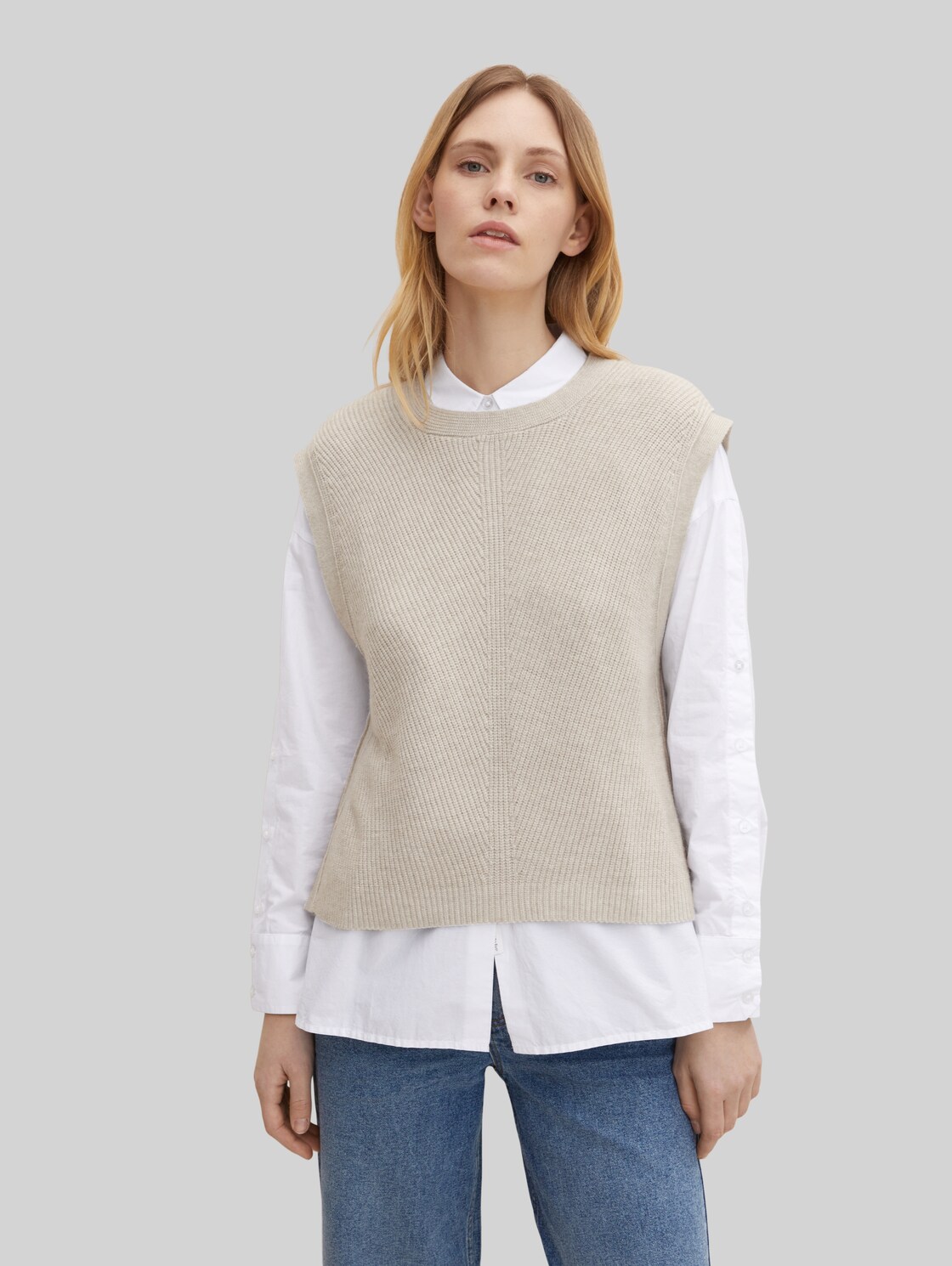TOM TAILOR Damen Pullunder mit Seitenschlitzen, beige, Gr. XXL, viskose