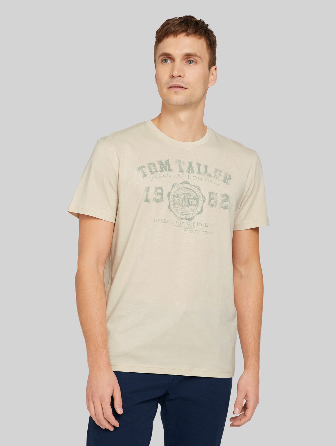 TOM TAILOR Herren T-Shirt mit Bio-Baumwolle mit Textprint, beige, Logo Print, Gr. S,