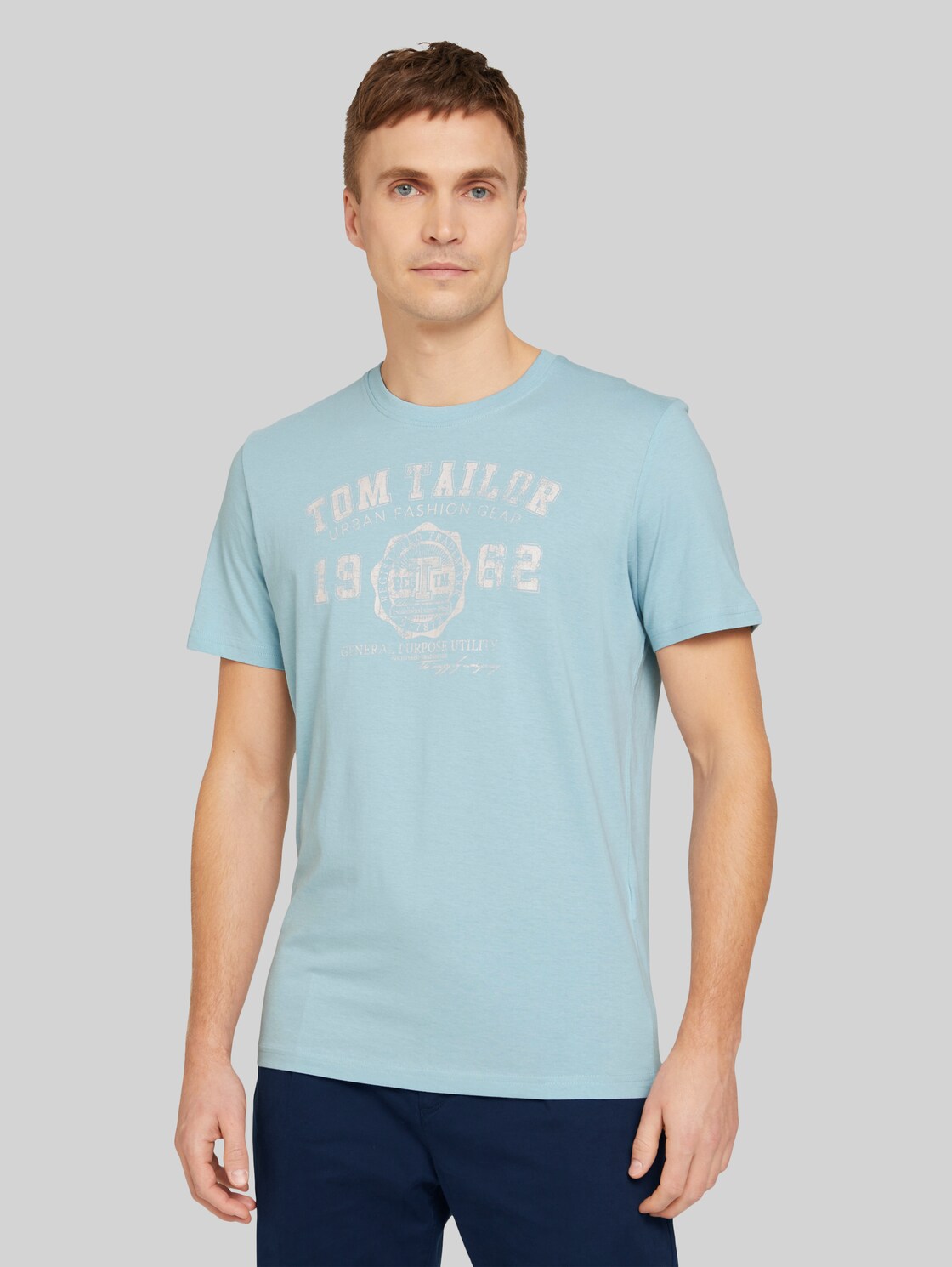 TOM TAILOR Herren T-Shirt mit Bio-Baumwolle mit Textprint, blau, Logo Print, Gr. M,
