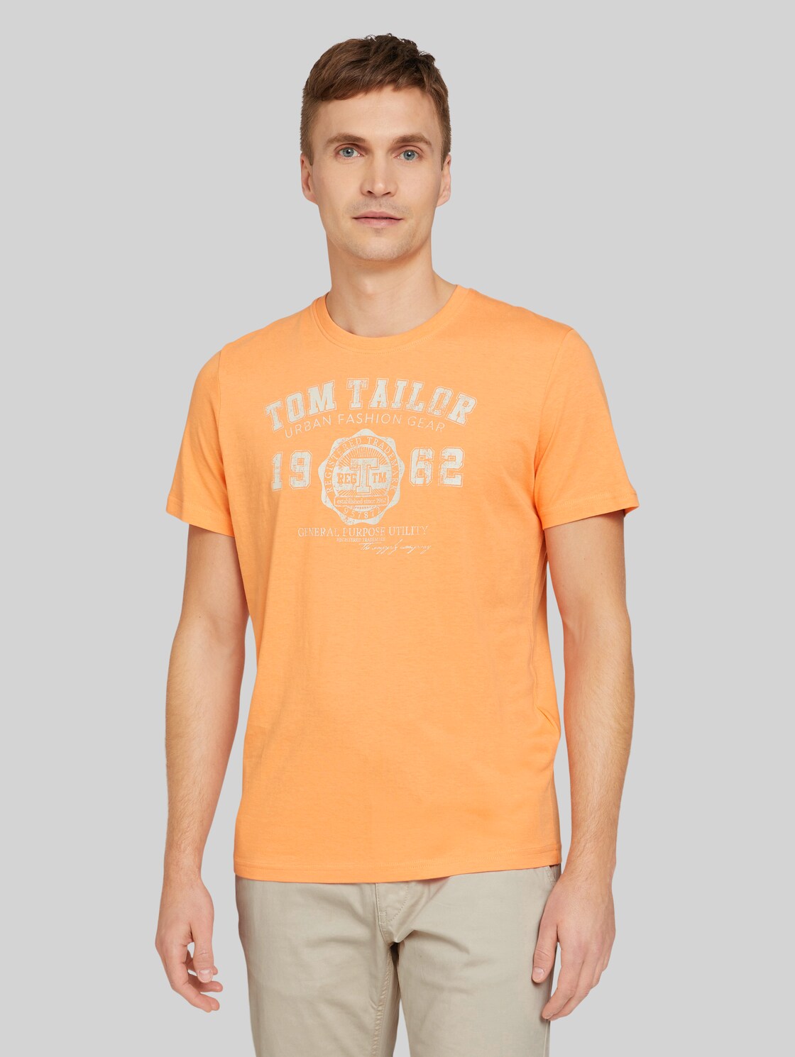 TOM TAILOR Herren T-Shirt mit Bio-Baumwolle mit Textprint, orange, Logo Print, Gr. M,