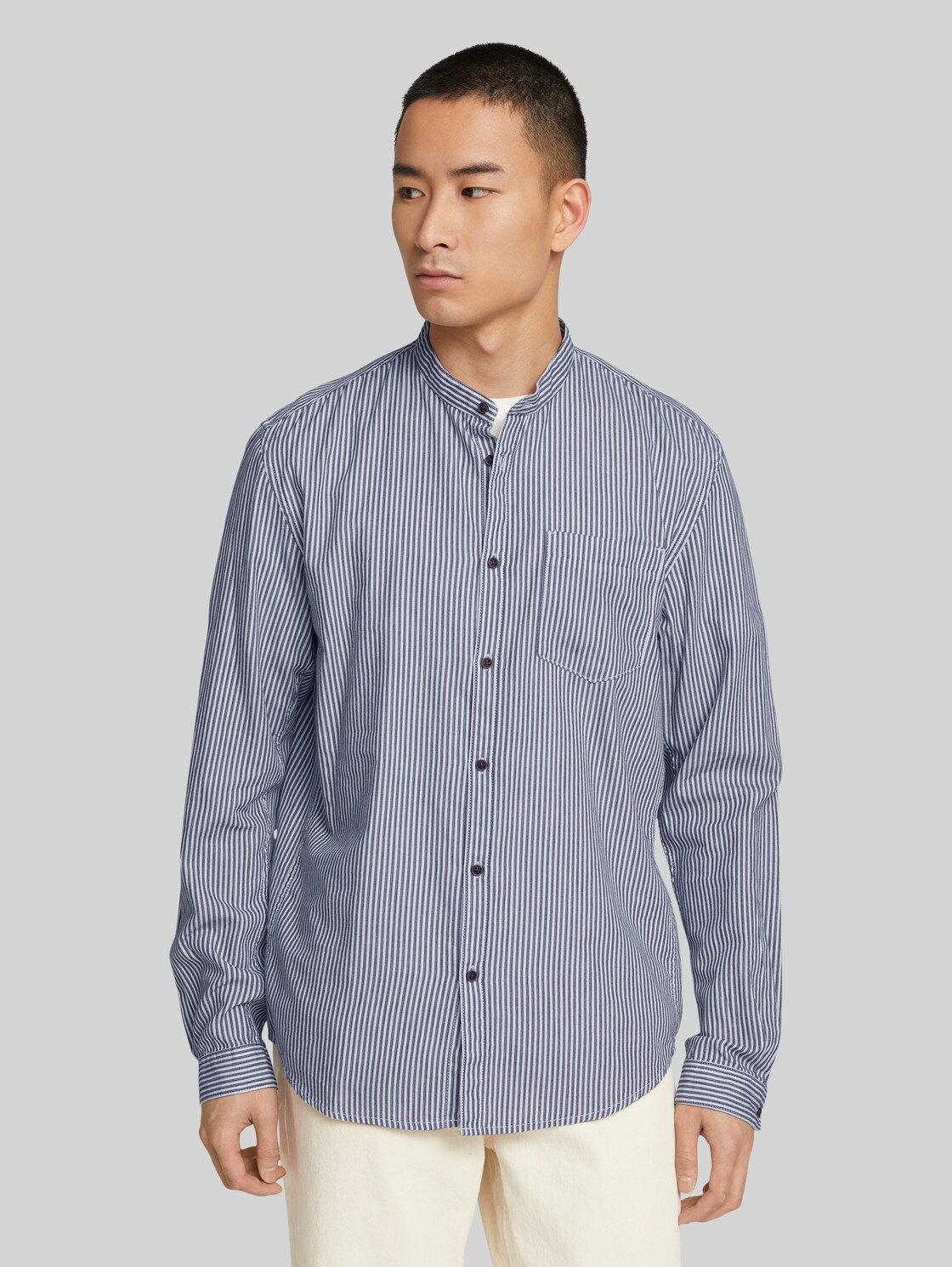 TOM TAILOR DENIM Herren gemustertes Hemd mit Stehkragen, blau, Muster, Gr. XL, baumwolle