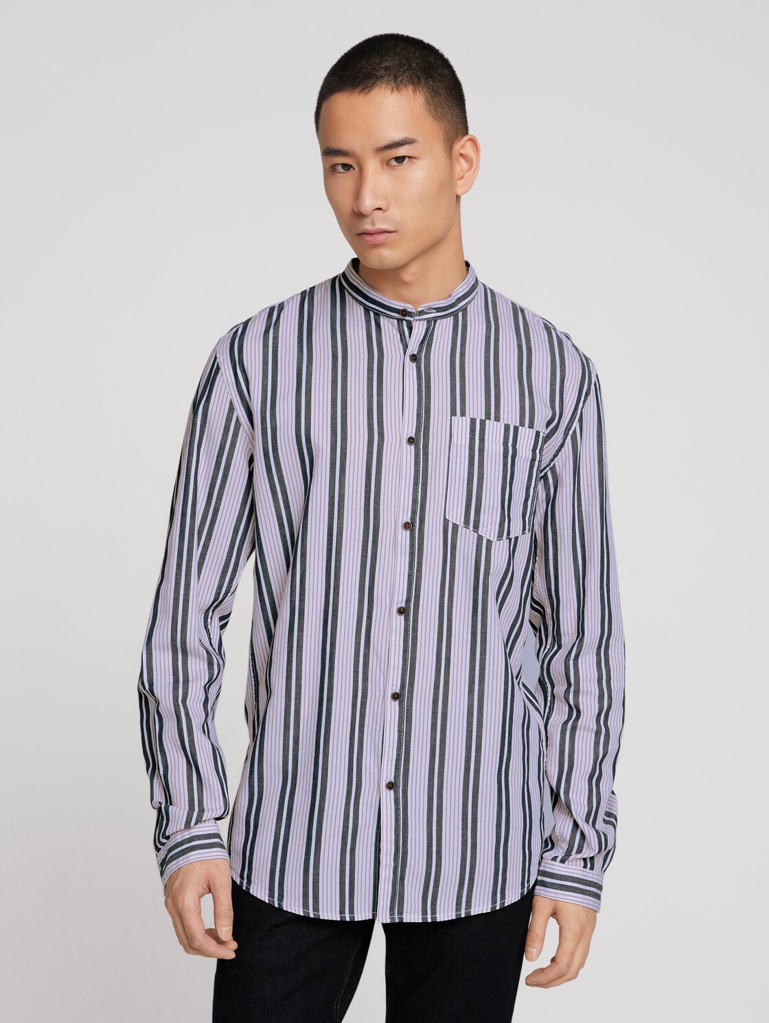 TOM TAILOR DENIM overhemd met patroon en opstaande kraag, navy berry big stripe, L
