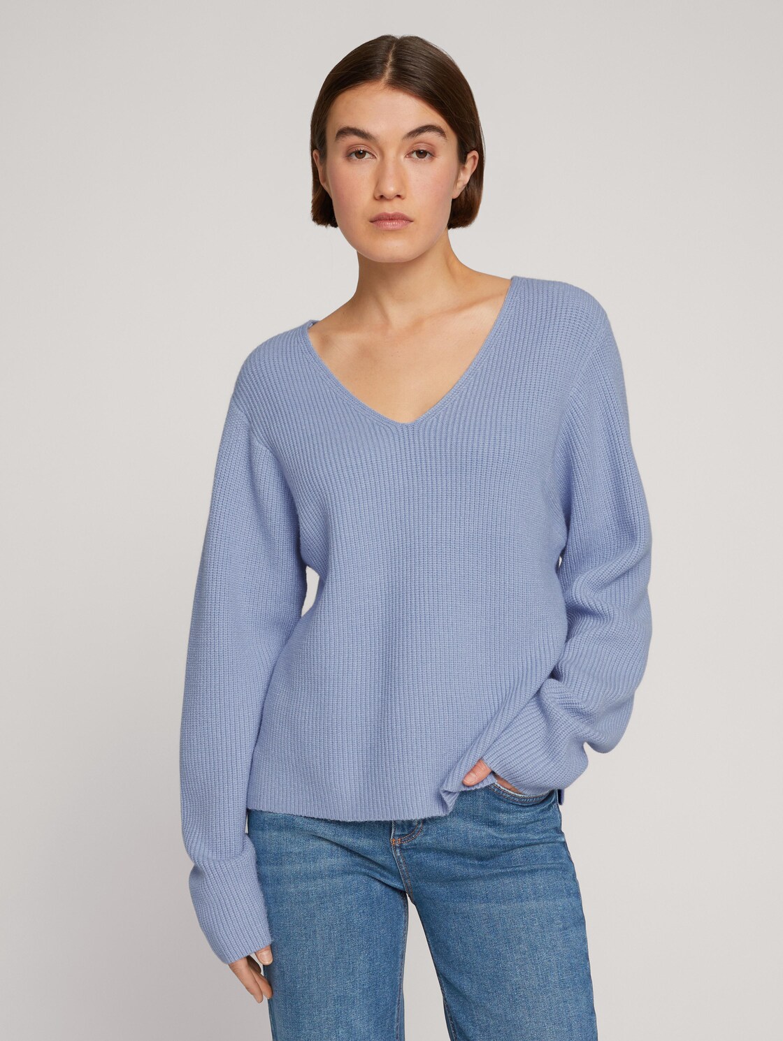 TOM TAILOR DENIM Strukturierter Pullover mit V-Ausschnitt, Damen, blau, Größe XL
