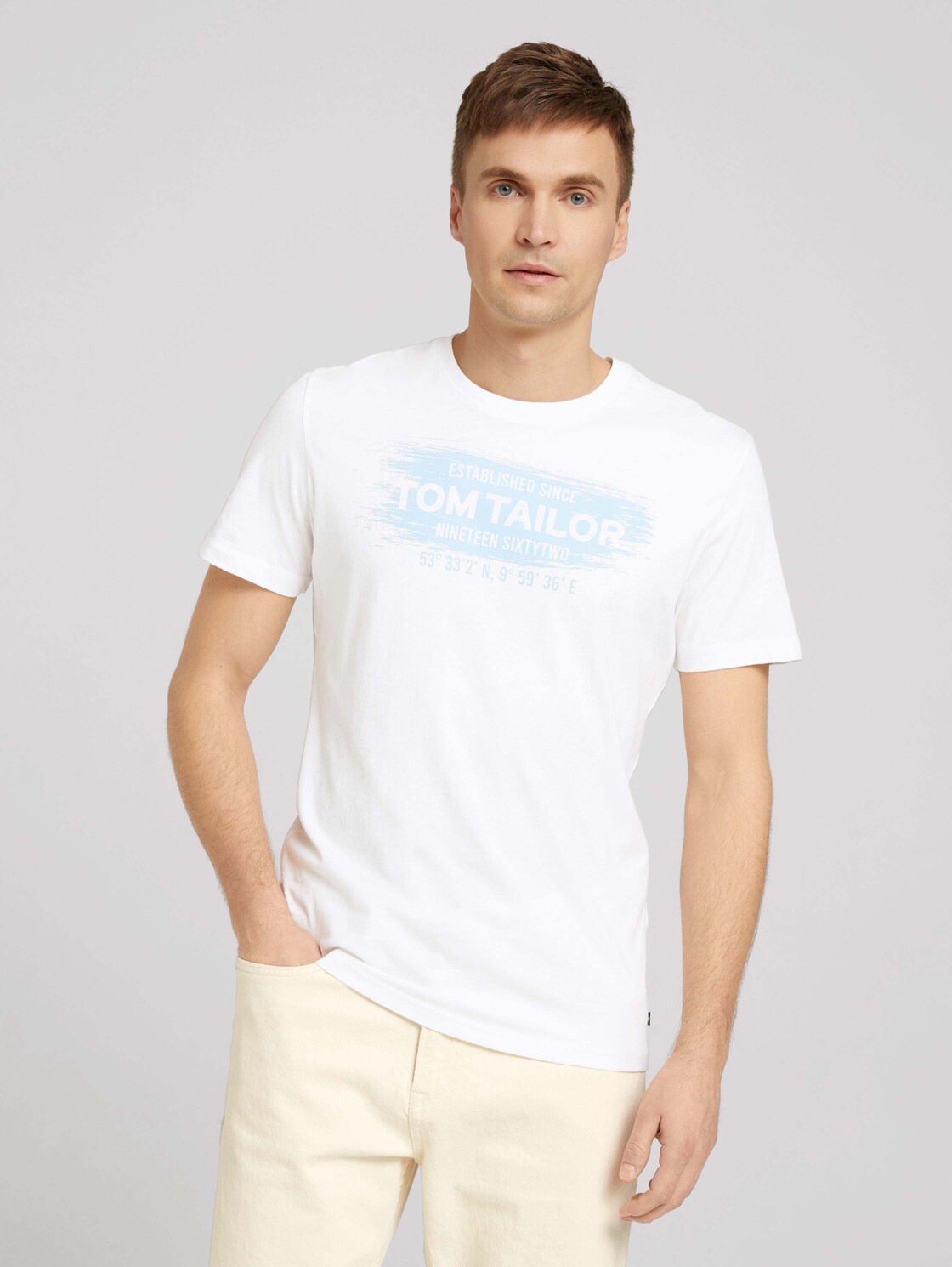 TOM TAILOR Herren T-Shirt mit Print Logo, weiß, Gr. S,