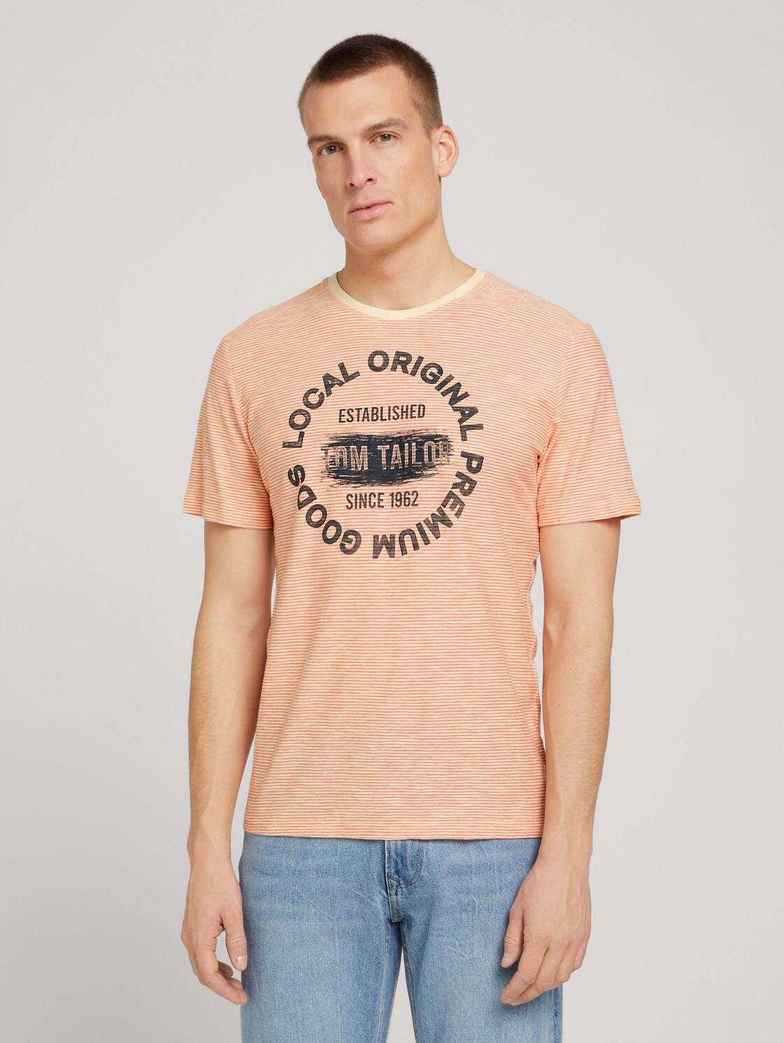 TOM TAILOR Herren Print T-Shirt mit Streifenmuster, orange, Streifenmuster, Gr. XXL,