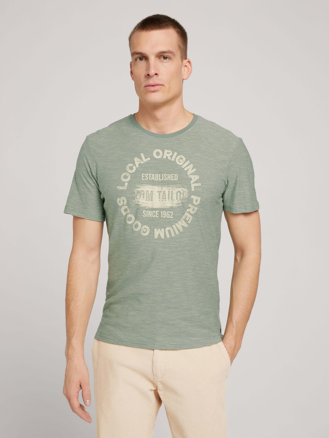 TOM TAILOR Herren Print T-Shirt mit Streifenmuster, grün, Streifenmuster, Gr. M,