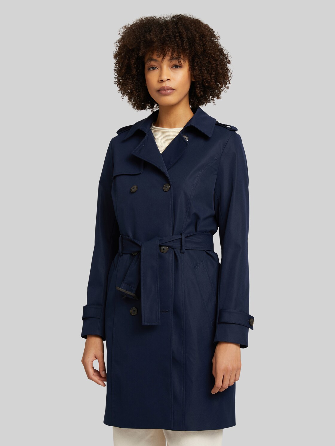 TOM TAILOR Damen Regular Fit Trenchcoat mit hinterem Gehschlitz, blau, Gr. XXL, polyester