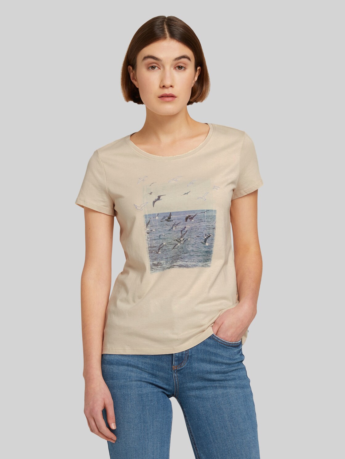 TOM TAILOR DENIM Damen Basic T-Shirt mit Print, beige, Print, Gr. XS, baumwolle