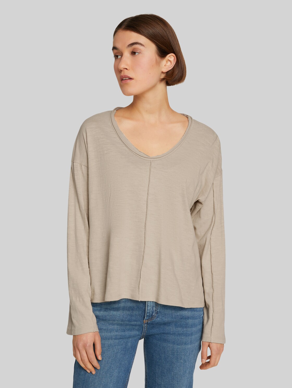 TOM TAILOR DENIM Damen Langarmshirt mit V-Ausschnitt, beige, Gr. M, baumwolle