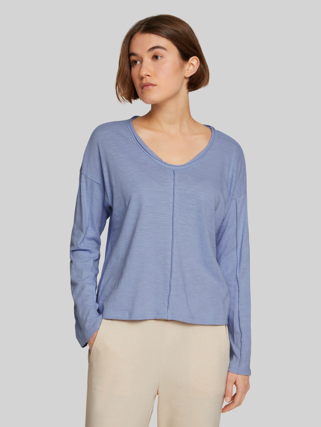 TOM TAILOR DENIM Damen Langarmshirt mit V-Ausschnitt, blau, Gr. XL, baumwolle