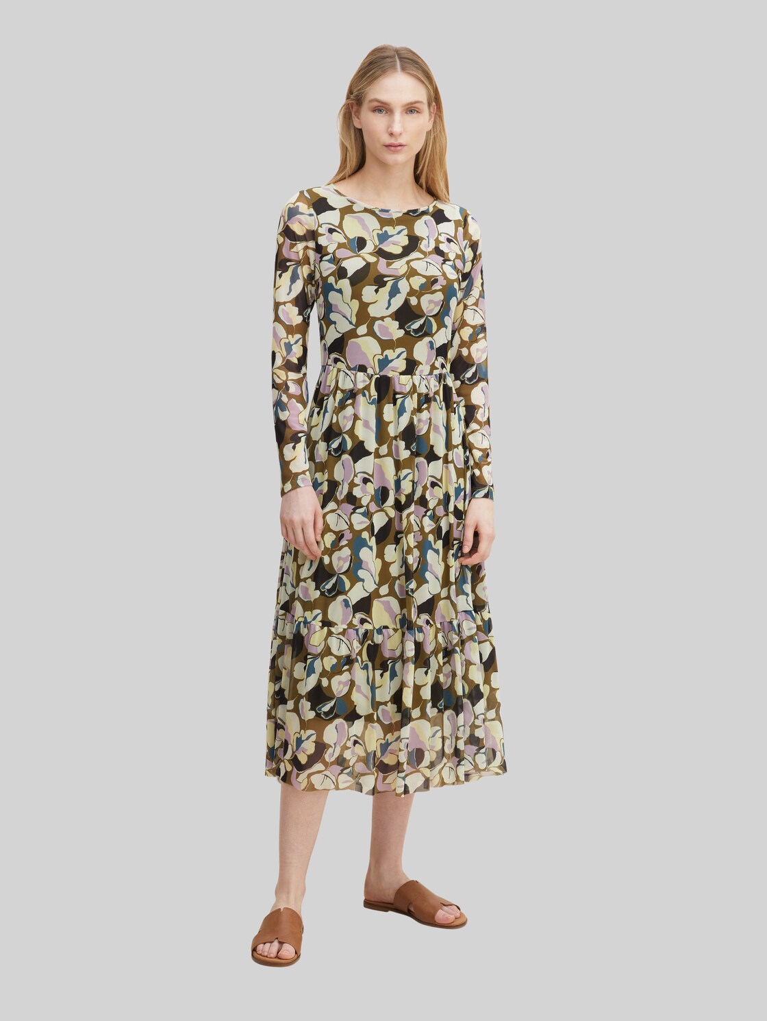 TOM TAILOR Damen Gemustertes Midikleid, grün, Logo Print, Gr. 38, polyester