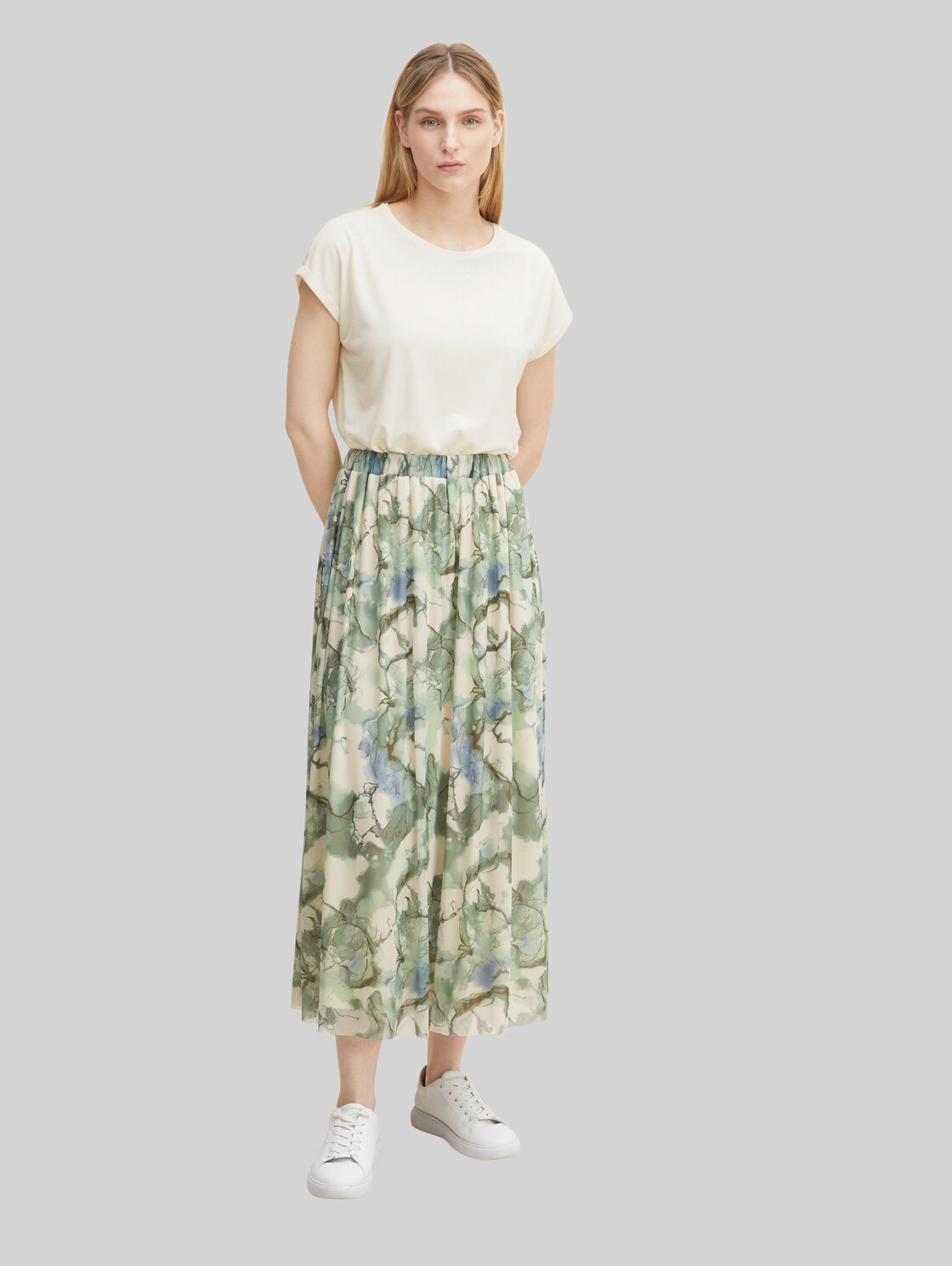 TOM TAILOR Damen Midi Rock mit Printmuster, grün, Print, Gr. 38, polyester