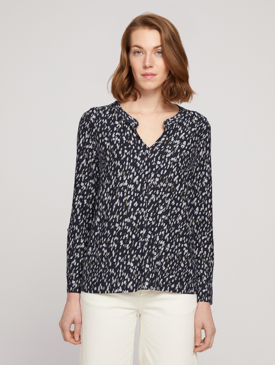 TOM TAILOR Gedessineerde blouse met lange mouwen met turn-ups, navy dotted design, XXL