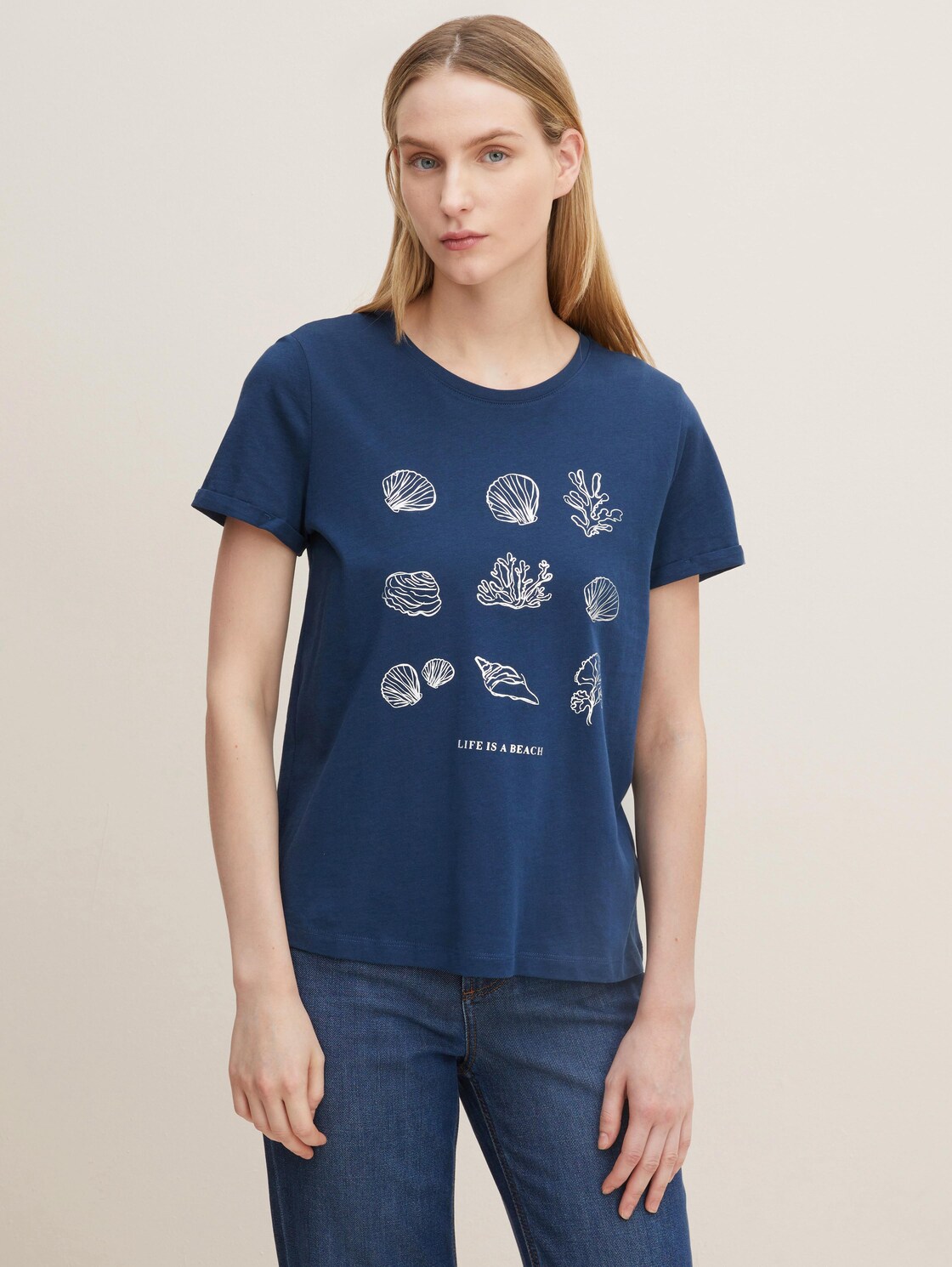 TOM TAILOR Damen T-Shirt mit Print, blau, Gr. XS,