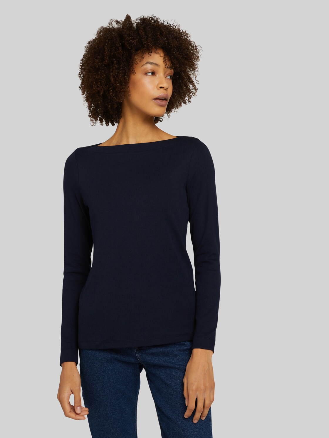 TOM TAILOR Damen Basic Langarmshirt, blau, Gr. L, baumwolle